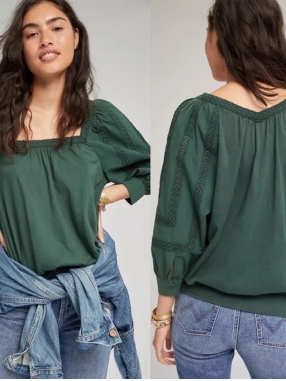Anthropologie Green Embroidered Peasant Top Large